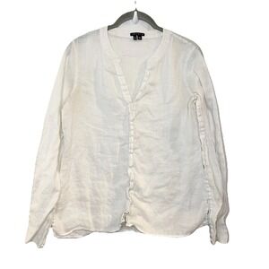 Theory 100% Linen White V-Neck Shirt Long Sleeve Popover Coastal Quiet Luxury S
